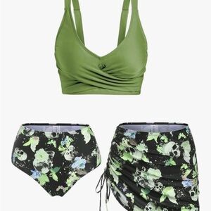 Women’s Olive Green Ruched Bikini Top & Skull-Print Bottoms Swim Set
